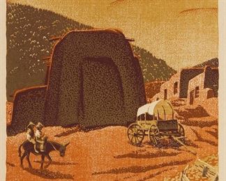 8
Gustave Baumann
1881-1971, Santa Fe, NM
"Cordova Plaza" 1943
Color woodcut on paper in original printed paper display-folder, as issued
From the edition of 200; signed and titled in pencil in the lower margin: Gustave Baumann; Torch Press, Cedar Rapids, IA, prntr.; The Woodcut Society, Kansas City, MO, pub.
Image: 7.75" H x 7.875" W; Sheet: 13.25" H x 11.375" W
Estimate: $2,000 - $3,000