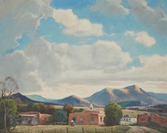 11
Cornelis Botke
1887-1954, Santa Paula, CA
"New Mexico" (Ortiz Mountains Near Santa Fe), C.1932
Oil on canvas laid to Masonite
Signed lower right: Cornelis; titled verso
20" H x 26" W
Estimate: $3,000 - $4,000