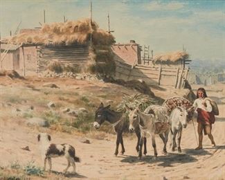 12
Thaddeus Welch
1844-1919, Santa Barbara, CA
"Going To Market," 1890
Watercolor on paper under glass
Signed and dated lower left: Thad Welch; titled on a label affixed to back of framing paper
Sight: 12" H x 18.75" W
Estimate: $3,000 - $5,000