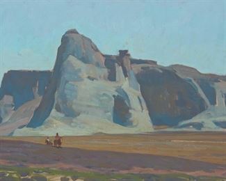 14
Glenn Dean
b. 1976, Santa Fe, NM
"Sandstone Fortress," 2008
Oil on linen
Signed lower left: G. Dean; signed again, titled and dated on the stretcher and on gallery labels affixed verso
20" H x 30" W
Estimate: $8,000 - $12,000