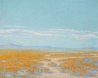 18
William Louis Otte
1871-1957, Santa Barbara, CA
"Spring On The Desert - Antelope Valley, California," 1922
Pastel on paper under glass
Signed and dated lower right: William Louis Otte; signed, titled and dated again, and inscribed, "Golden Poppies and Wild Blue Penstemon," in pencil on the back panel
Sight: 21.5" H x 27.5" W
Estimate: $4,000 - $6,000