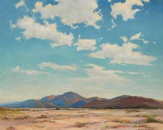 20
Dedrick Brandes Stuber
1878-1954, Los Angeles, CA
"Near Red Rock Canyon"
Oil on Masonite
Signed lower right: Dedrick B. Stuber; titled on the frame plaque
20" H x 24" W
Estimate: $2,500 - $3,500