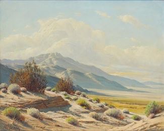 21
Paul Grimm
1891-1974, Palms Springs, CA
"Desert Slopes"
Oil on canvas
Signed lower left: Paul Grimm; signed again and titled verso
24" H x 30" W
Estimate: $3,000 - $4,000