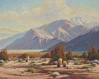 22
Paul Grimm
1891-1974, Palm Springs, CA
"At The Foot Of San Jacinto"
Oil on canvas
Signed lower right: Paul Grimm; signed again and titled verso
28" H x 36" W
Estimate: $3,000 - $5,000