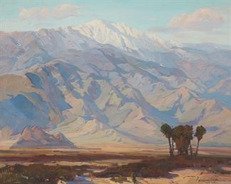 23
Fred Grayson Sayre
1879-1939, Glendale, CA
"Mt. San Jacinto"
Oil on canvas laid to canvas
Signed and inscribed lower right: F. Grayson Sayer / Indio, Calif; titled verso
28.5" H x 36" W
Estimate: $3,000 - $5,000
