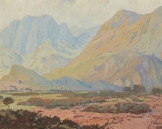 24
Fred Grayson Sayre
1879-1939, Glendale, CA
"Gila Mountain"
Gouache on artist board under glass
Signed and inscribed lower right: F. Grayson Sayer / Arizona; titled in pencil on the verso of the board
10" H x 14.75" W
Estimate: $2,000 - $3,000