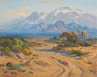 25
Fred Grayson Sayre
1879-1939, Glendale, CA
Landscape With Snow-Capped Mountains
Oil on canvas laid to Masonite
Signed lower left: F. Grayson Sayre
25" H x 30" W
Estimate: $2,000 - $3,000