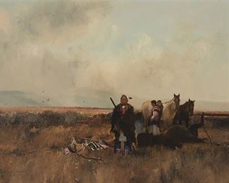 28
Michael Coleman
b. 1946, Provo, UT
Crow Buffalo Hunters, 1976
Oil on board
Signed and dated lower left: Michael Coleman ©
Sight: 19.25" H x 29.25" W
Estimate: $7,000 - $9,000