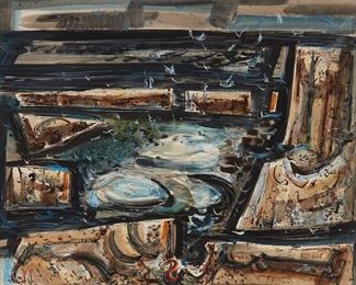 38
Phil Dike
1906-1990, Claremont, CA
"North Coast #10," 1959
Watercolor, gouache, and ink on paper under Plexiglas
Signed lower right: Phil Dike; titled and dated on a collector's label affixed verso
Sight: 21.5" H x 27.5" W; Sheet: 22.25" H x 28" W
Estimate: $5,000 - $7,000