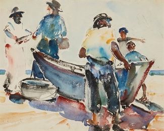 39
Phil Dike
1906-1990, Claremont, CA
"Dory Fleet, Newport Beach, CA," 1927
Watercolor on paper under Plexiglas
Signed and indistinctly dated 6/3/27 in pencil at lower left: Dike; titled by repute
10" H x 13.875" W
Estimate: $3,000 - $4,000