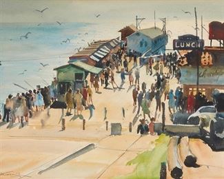 40
Emil Kosa Jr.
1903-1968, Los Angeles, CA
"Hermosa Beach"
Watercolor on paper under glass
Signed lower right: Emil Kosa Jr.; signed again and titled on a very small piece of old backing paper partially attached to frame verso
Image: 14.75" H x 21.5" W; Sheet: 15.75" H x 22.375" W
Estimate: $5,000 - $7,000