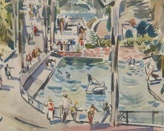 41
Rex Brandt NA
1914-2000, Corona Del Mar, CA
Seal Grotto, San Diego Zoo
Watercolor on paper under glass
Signed lower right: Brandt
Image: 12" H x 20" W; Sheet: 14.75" H x 21.25" W
Estimate: $2,000 - $3,000