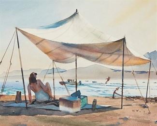 42
Rex Brandt NA
1914-2000, Corona Del Mar, CA
"Water Skiing On The Colorado River"
Watercolor on Arches paper under glass
Signed in the image at lower right: Rex Brandt; with the artist's ink stamp verso; titled by repute
Image: 13.375" H x 21.125" W; Sheet: 15" H x 22.375" W
Estimate: $2,000 - $3,000