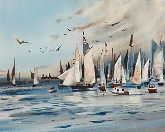43
Rex Brandt NA
1914-2000, Corona Del Mar, CA
"Morning At The Regatta," 1970
Watercolor on Arches paper under glass
Signed, titled and dated in the image at lower right: Rex Brandt / 7-17-70
Image: 13.5" H x 20.25" W; Sheet: 15" H x 22.5" W
Estimate: $2,000 - $3,000