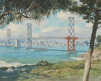 44
James March Phillips
1913-1981, San Francisco, CA
"Bridge View," Bay Bridge, Looking Toward San Francisco From Clipper Cove Beach On Yerba Buena Island
Watercolor on paper under glass; titled on gallery label on the verso of the front mat
Signed lower left: James March Phillips
Sheet: 15.5" H x 27" W
Estimate: $2,000 - $3,000