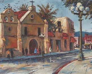 48
Ben Abril
1923-1995, Los Angeles, CA
"Old Mission Church"
Oil on canvas
Signed lower left: Ben Abril; titled and inscribed on the stretcher: Los Angeles, California
24" H x 48" W
Estimate: $3,000 - $5,000