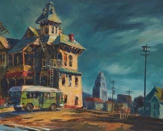 49
Ben Abril
1923-1995, Los Angeles, CA
"End Of An Era"
Oil on waxed burlap
Signed lower right: Ben Abril; titled on the stretcher
29" H x 47" W
Estimate: $3,000 - $5,000