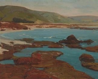 51
Hanson Duvall Puthuff
1875-1972, Corona Del Mar, CA
"Placid Bay" (Southern California Coastal), 1907
Oil on canvas
Signed and possibly dated '07 lower left: H. Puthuff; signed again and titled on the stretcher
20.25" H x 32.25" W
Estimate: $6,000 - $8,000