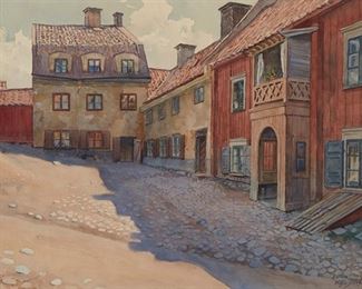 50
Gunnar Widforss
1879-1934, Grand Canyon, AZ
"Old Houses, Stockholm," 1915
Watercolor on paper under glass
Signed and dated lower right: Widforss; titled on an exhibition label affixed to the verso of a previous backboard now attached to the frame's backing paper
Image/Sheet: 13.125" H x 18" W
Estimate: $2,500 - $3,500