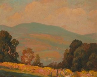 52
Alfred R. Mitchell
1888-1972, San Diego, CA
"Goldenrod And Bergamot At Tunkhannock, PA"
Oil on board
Signed lower left: Alfred R. Mitchell; signed again, titled and numbered verso: #4
16" H x 20" W
Estimate: $4,000 - $6,000