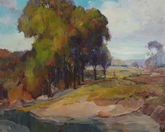 53
Nell Walker Warner
1891-1970, Carmel, CA
Landscape With Fence
Oil on canvas
Signed lower right: Nell Walker Warner
20" H x 26" W
Estimate: $1,000 - $2,000