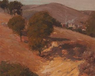 54
Hanson Duvall Puthuff
1875-1972, Corona Del Mar, CA
Hilly Landscape With A Distant Town
Oil on burlap laid to waxed canvas
Signed lower right with the artist's monogram and signature: Puthuff
15" H x 16" W
Estimate: $3,000 - $4,000