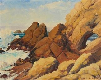57
Arthur Hill Gilbert ANA
1894-1970, Monterey, CA
Seascape, Northern California
Oil on canvas
Signed lower right: Arthur Hill Gilbert
11" H x 14" W
Estimate: $1,500 - $2,000