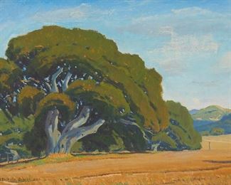58
Arthur Hill Gilbert ANA
1894-1970, Monterey, CA
Tree In A Landscape
Oil on canvas
Signed lower left: Arthur Hill Gilbert ANA
12" H x 16" W
Estimate: $3,000 - $5,000