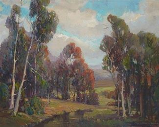 63
Nell Walker Warner
1891-1970, Carmel, CA
"Eucalypti"
Oil on canvas
Signed lower right: Nell Walker Warner; titled on the stretcher
22" H x 28" W
Estimate: $1,500 - $2,500