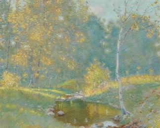64
Edward Dufner
1872-1957, Caldwell, NJ
Impressionist Outdoor Landscape With Stream
Watercolor and gouache on artist board under glass
Signed lower left: Edward Dufner
33" H x 29" W
Estimate: $4,000 - $6,000