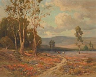 66
Angel Espoy
1879- 1963, Seal Beach, CA
California Landscape With Eucalyptus, Cattle And Poppies
Oil on canvas
Signed lower right: A. Espoy
30" H x 40" W
Estimate: $5,000 - $7,000