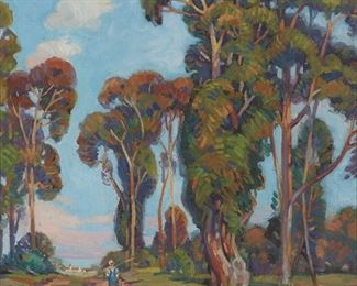 67
Alson Clark
1876-1949, Pasadena, CA
Eucalyptus Landscape With Fisherman
Oil on canvas laid to canvas
Signed lower left: Alson Clark
27" H x 27" W
Estimate: $5,000 - $7,000