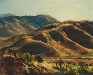 71
Emil J. Kosa Jr. NA
1903-1968, Los Angeles, CA
"Hills Over Hills"
Oil on Masonite
Signed lower right: Emil Kosa Jr.; signed again, twice, and titled verso
22.5" H x 34.5" W
Estimate: $3,000 - $4,000