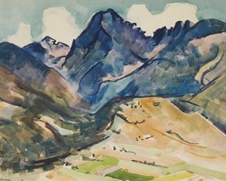 72
Kenneth Miller Adams
1897-1966, Albuquerque, NM
"Mountain Landscape"
Watercolor on paper under glass
Signed lower left: Kenneth M. Adams; signed again and titled on the frame's backboard
Image: 12.75" H x 19.75" W; Sheet:14" H x 20.5" W
Estimate: $3,000 - $5,000