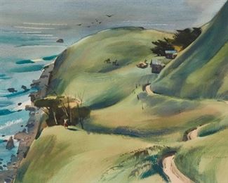 74
Rex Brandt NA
1914-2000, Corona Del Mar, CA
"Hernando's Hideaway," 1956
Watercolor on wove paper, watermark Arches, under glass
Signed lower right: Rex Brandt; signed again, titled and dated verso: Rex Brandt, A.N.A
Image: 12.5" H x 19.5" W; Sheet: 14.25" H x 21.25" W
Estimate: $2,000 - $3,000