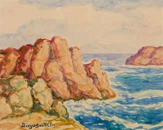 75
Birger Sandzen
1871-1954, Lindsborg, KS
"Rocky Coast (Rockport, Mass)," 1948
Watercolor on paper under glass
Signed lower left: Birger Sandzen; signed again, titled and dated on the original board affixed to the frame's backing paper
Sight: 8.5" H x 11.125" W; Paper: 9" H x 12" W
Estimate: $3,000 - $5,000