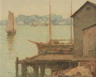 78
Maurice Braun
1877-1941, San Diego, CA
"Along The Waterfront," San Diego Bay, 1925
Oil on canvas
Signed lower right: Maurice Braun; titled in pencil on the stretcher
20" H x 24" W
Estimate: $4,000 - $6,000