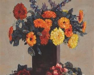 80
Conrad Buff
1886-1975, Laguna Beach, CA
Still Life With Zinnias And Roses
Oil on board
Signed lower center: Conrad Buff
24.25" H x 20" W
Estimate: $2,000 - $3,000