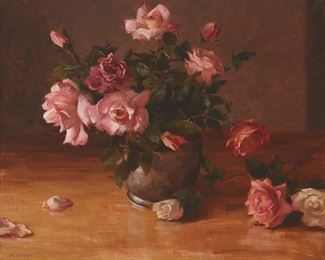 82
Laurie Kersey
b. 1961, Pebble Beach, CA
"Roses In Silver Pitcher," 2003
Oil on canvas
Signed lower left: B.L. Kersey; signed again as Laurie Kersey, titled and dated on the stretcher
20" H x 24" W
Estimate: $2,500 - $3,500