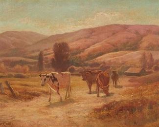 84
Gordon Coutts
1868-1937, Palm Springs, CA
Cows Wandering Along A Path
Oil on canvas
Signed lower left: Gordon Coutts
12" H x 18" W
Estimate: $1,000 - $1,500