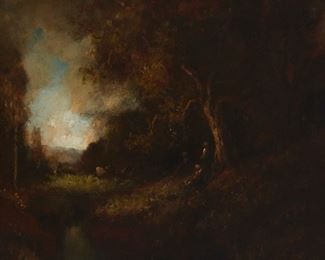 86
William Keith
1838-1911, Berkeley, CA
"In The Glade"
Oil on canvas laid to canvas
Signed lower right: W. Keith / S. F.; titled in another hand on the frame's cardboard backing
20" H x 30" W
Estimate: $2,500 - $3,500