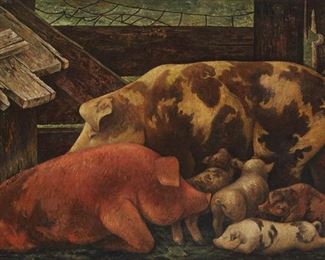 85
Jenne Magafan
1916-1952, Woodstock, NY
"Pigs," 1938
Oil on canvas
Signed and dated lower right: Jenne Magafan; signed and dated again, and titled, on the stretcher bar
24" H x 35" W
Estimate: $1,500 - $2,500