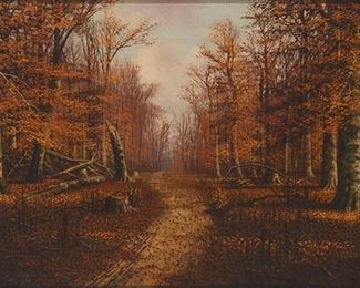 87
William McKendree Snyder
1848-1930, Indiana
Road Through A Fall Landscape
Oil on canvas
Signed lower right: W. M. Snyder
12" H x 20" W
Estimate: $2,000 - $3,000