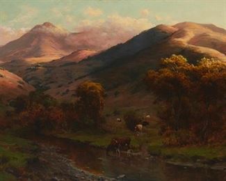 89
Thaddeus Welch
1844-1919, Santa Barbara, CA
Tonalist Landscape With Cows Grazing, 1912
Oil on canvas
Signed and dated lower left: T. Welch
25.75" H x 46" W
Estimate: $5,000 - $7,000