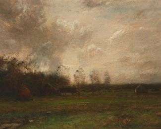 88
John Francis Murphy
1853-1921, New York, NY
Atmospheric Landscape, 1893
Oil on canvas laid to canvas
Signed and dated lower right: J. Francis Murphy
14" H x 19" W
Estimate: $1,500 - $2,500