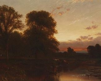 91
J. Carleton Wiggins NA
1848-1932, Brooklyn, NY
Cattle Watering In A Sunset River Landscape
Oil on canvas
Signed lower left: J.C. Wiggins
16" H x 30" W
Estimate: $2,000 - $3,000