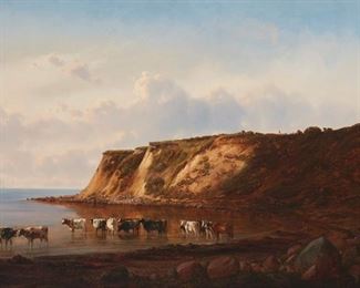 90
Ferdinand Richardt
1819-1895, Oakland, CA
Cattle At Fort Scott (The Presidio), San Francisco, CA, C.1870
Oil on canvas laid to canvas
Signed lower right: F. Richardt
37.25" H x 55.5" W
Estimate: $20,000 - $30,000
