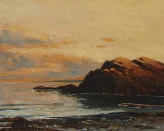93
Alfred Thompson Bricher
1837-1908, Staten Island, NY
A Beached Dinghy Along A Rocky Coastline
Oil on canvas
Signed lower right: A.T. Bricher
10.25" H x 20.25" W
Estimate: $7,000 - $9,000
