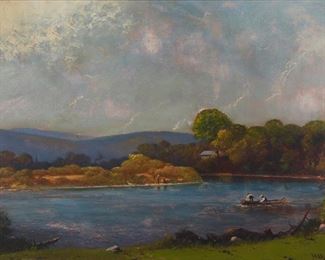 94
Henry Walcott Boss
1820-1916, Binghamton, NY
River Landscape With Fishermen
Oil on board
Signed lower right: H Walcott Boss
12" H x 18" W
Estimate: $1,000 - $1,500