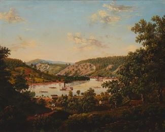 95
Frederick Carl Smith
1868-1955, Pasadena, CA
"Ohio River - Near Cincinnati"
Oil on canvas
Appears unsigned; attribution and title from label affixed to the verso of the frame
22" H x 30" W
Estimate: $3,000 - $5,000
